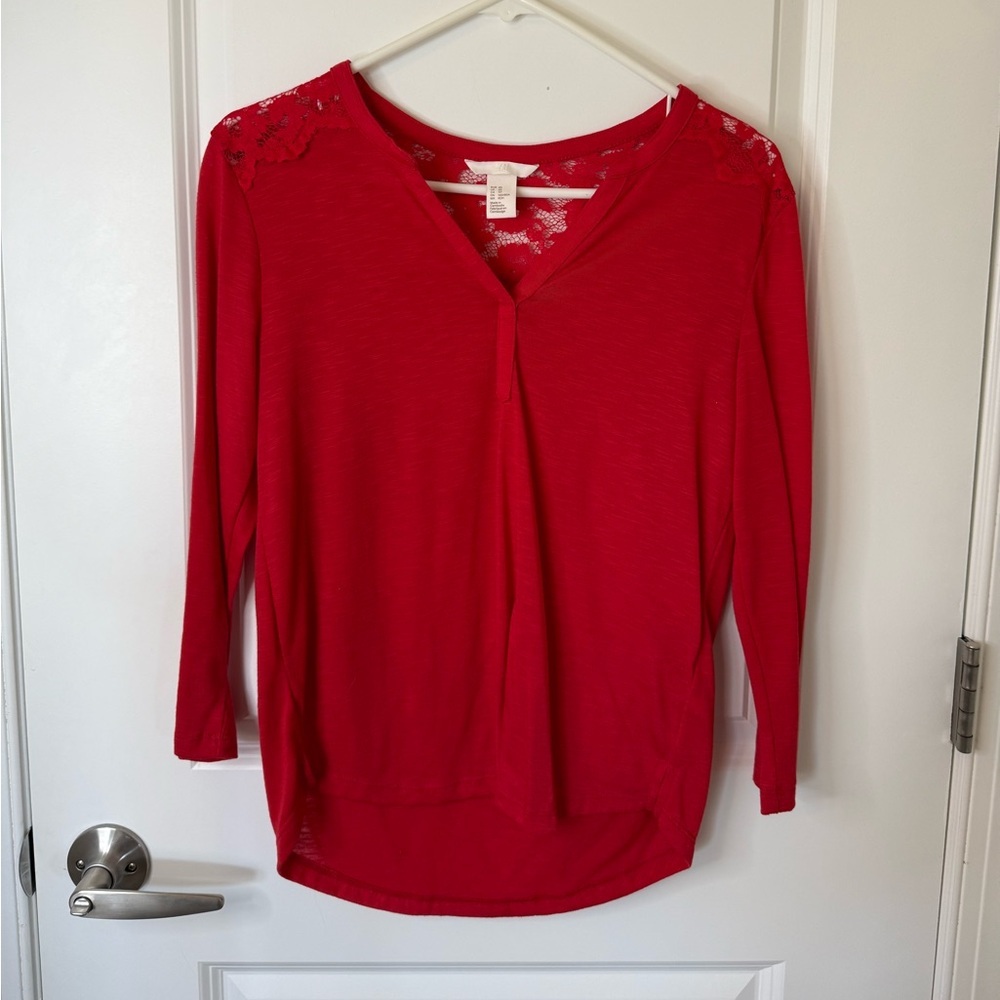H&M Red Long Sleeve Top with Lace Accents